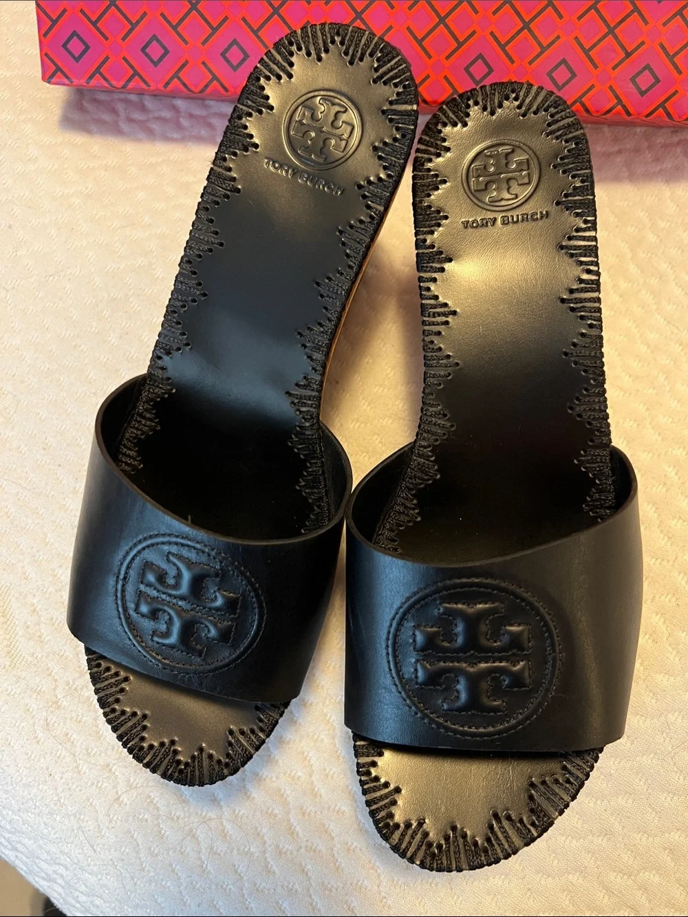 Tory Burch Black Leather Wood-Platform Slide Wedges